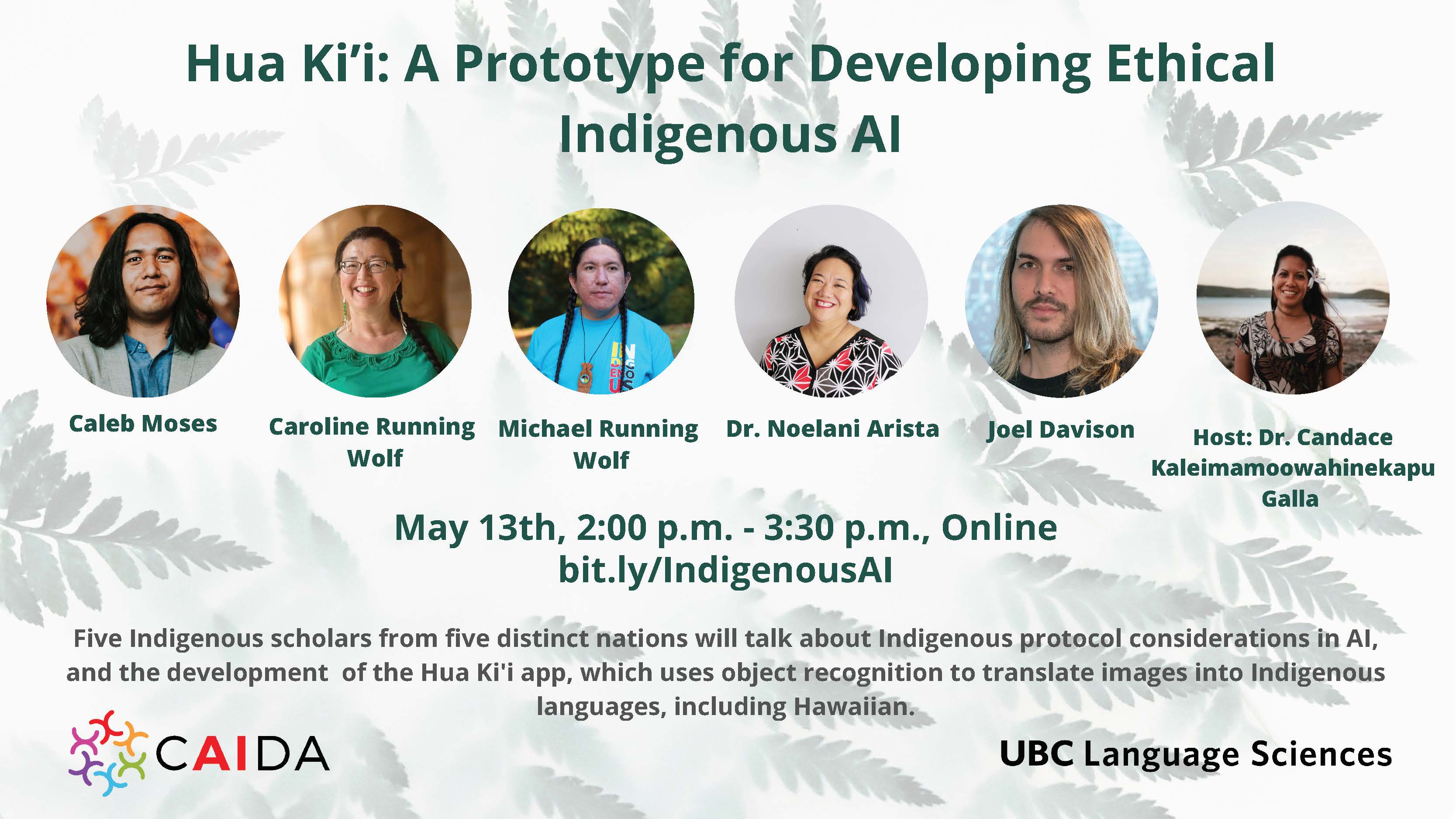 An image of the poster for the talk with ferns in the background and headshots of the five speakers and the host