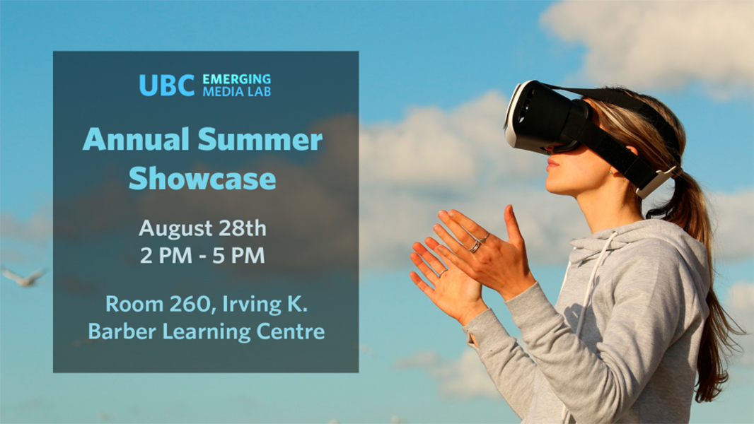 A picture of a woman wearing a virtual reality headset, with her hands raised, palms facing each other, against a cloudy sky.
