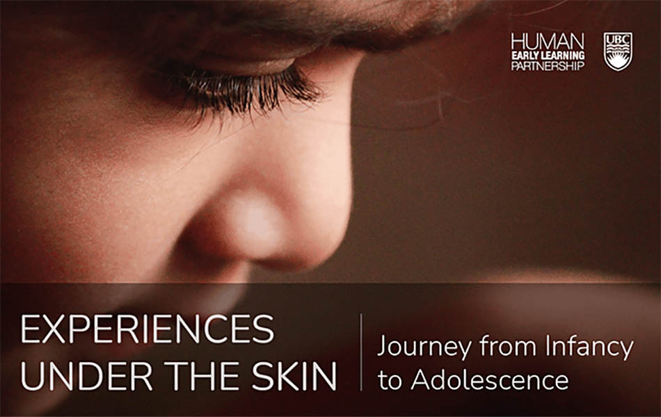 A close up of a childs face, including eyes and nose, looking down, with a brown background