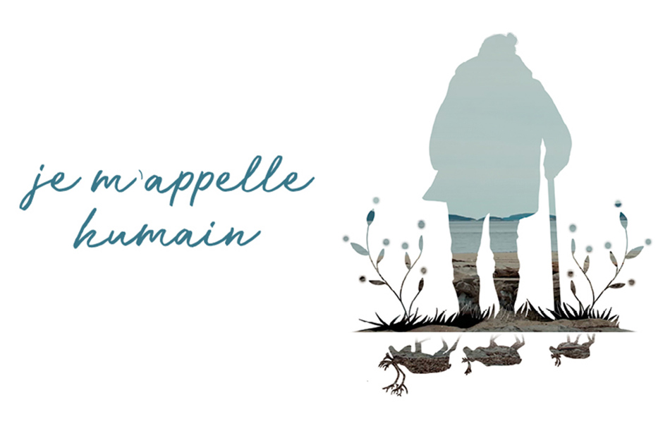 A drawing of Josephine Bacon in blue from behind, leaning on a cane, standing by a pool in which moose are reflected