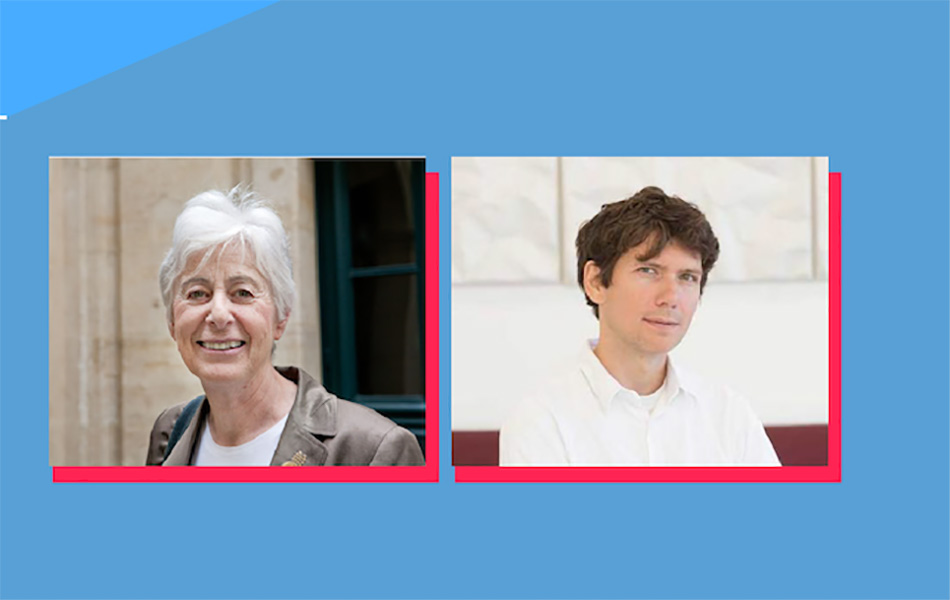 Headshots of the two speakers against a light blue background