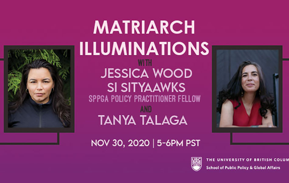 Headshots of the presenter, Tanya Talaga, and host, Jessica Wood, known as Si Sityaawk, on a pink and purple background