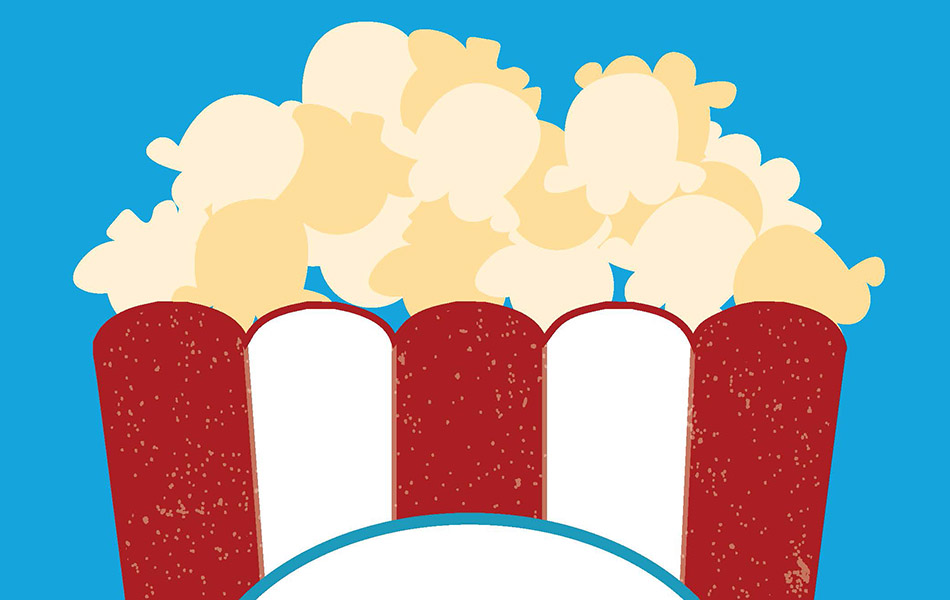 An image of a tub of popcorn against a light blue blackground