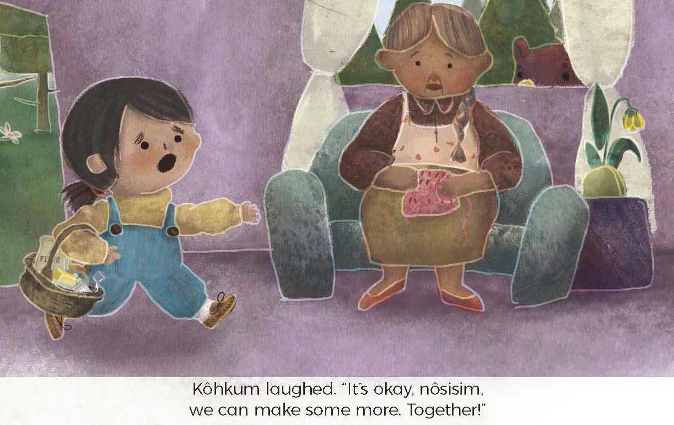 A drawing from the book, of Awâsis running with a basket on her arm towards kôhkum, who is sitting in a chair embroidering