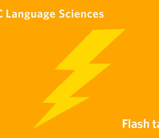 An image of a yellow lightning bolt on an orange background with the text UBC Language Sciences and Flash talks in white