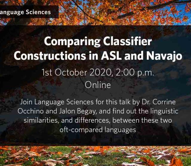 The title and time of the talk in white text overlaid on a photo of a tree with orange leaves and a blue sky with white clouds