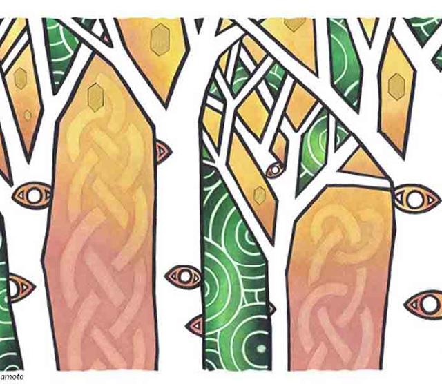 A drawing of beech trees in white with a pink and yellow background and green bushes