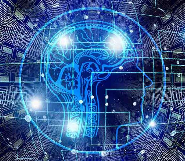 A graphic of a human brain on a blue background, with microchip connections coming out of it, and four bright lights.