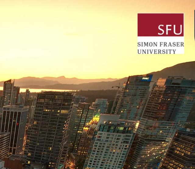 A picture of the Vancouver waterfront at sunset, with skyscrapers in the foreground and the sea in the background, as well as UBC and SFU logos in the top right corner
