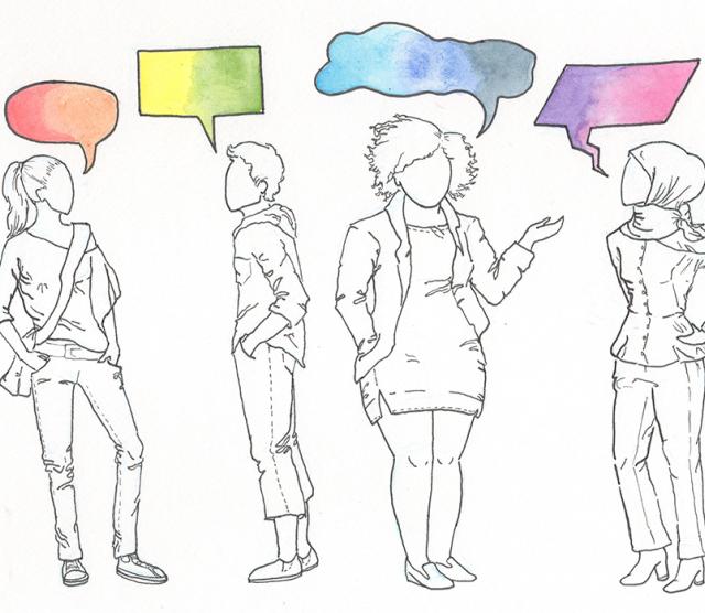 A cartoon of four women talking, with multicoloured speech bubbles above their head. Credit: Rachel Cripps @miss_rachelclaire