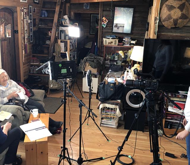 Members of the Splatsin Tsm7aksaltn dictionary team record fluent speaker, Emmeline Felix