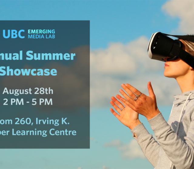 A picture of a woman wearing a virtual reality headset, with her hands raised, palms facing each other, against a cloudy sky.