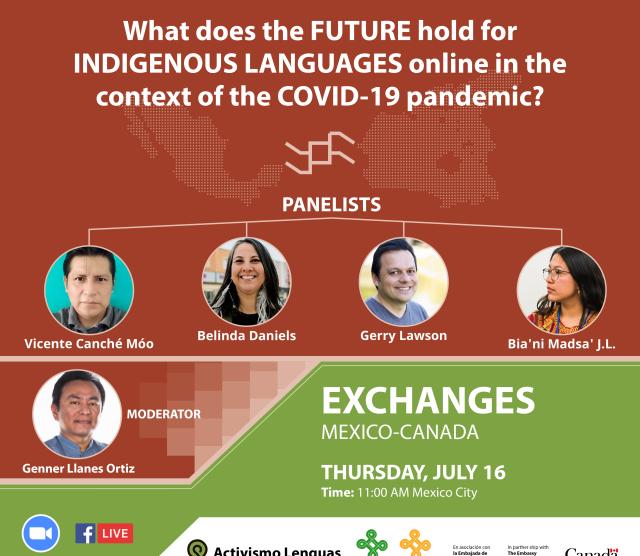 An image of the poster for the talk with pictures of the four speakers and the MC on a red background