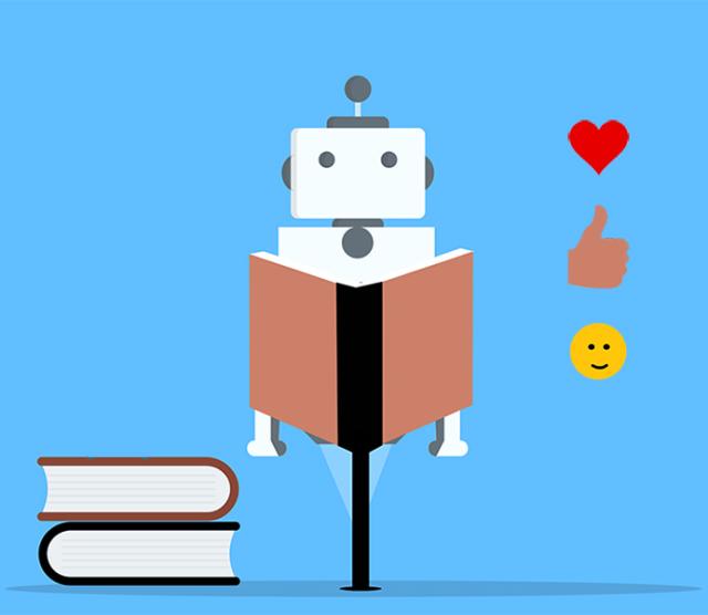 An illustration of a robot reading a book with a heart, thumbs up and smiley face emoji next to it, on a light blue background