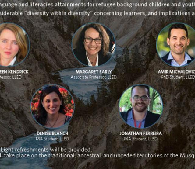 A poster for the event on a brown background featuring headshots of the five speakers