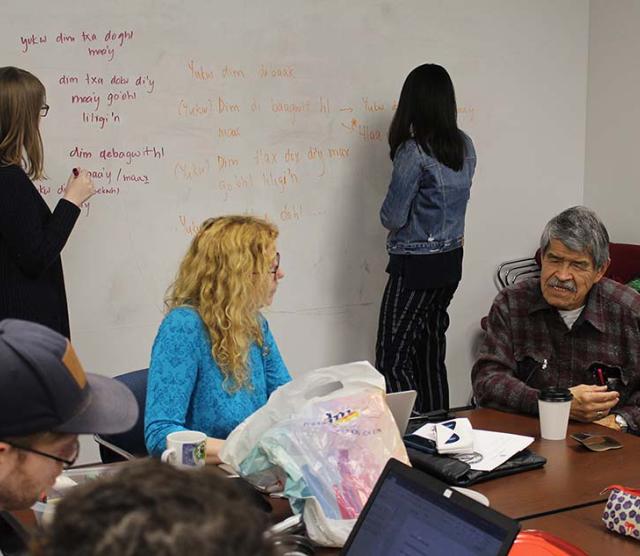 Members of the Gitksan Research Lab, and students learning Gitksan, are pictured practising the language.
