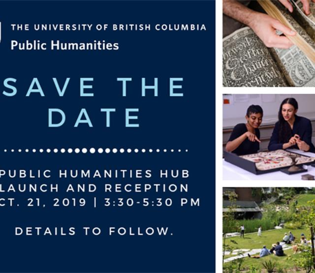A poster for the Public Humanities Hub launch, with pictures of hands flipping an old book, students gathered around a map, and a play being performed in an outdoor, grassy amphitheatre 