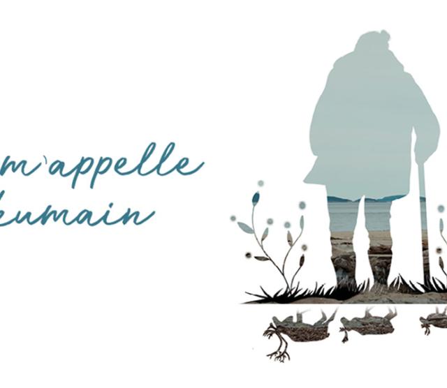 A drawing of Josephine Bacon in blue from behind, leaning on a cane, standing by a pool in which moose are reflected