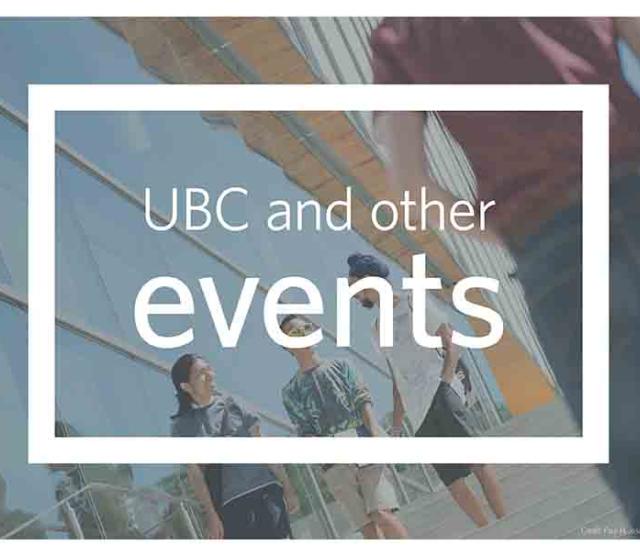 A picture of students speaking and laughing while walking past the glass windows of a UBC building, with a student's back in the foreground