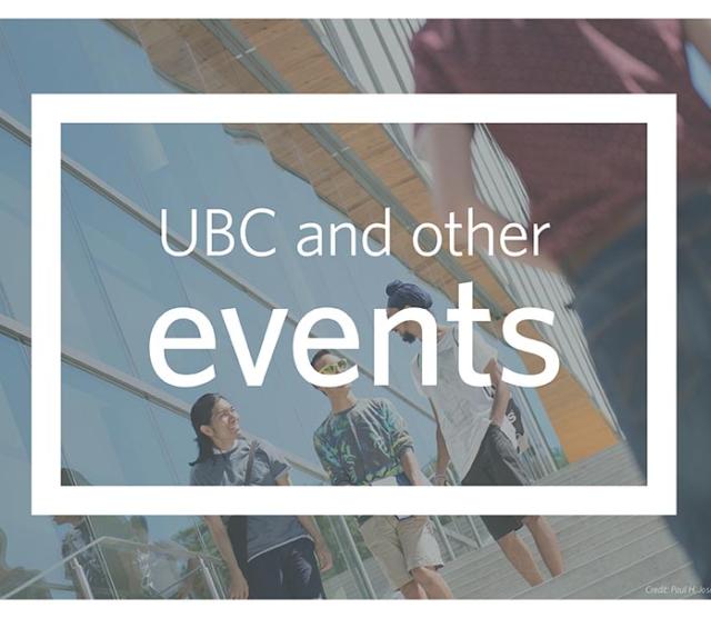 A picture of students speaking and laughing while walking past the glass windows of a UBC building, with a student's back in the foreground