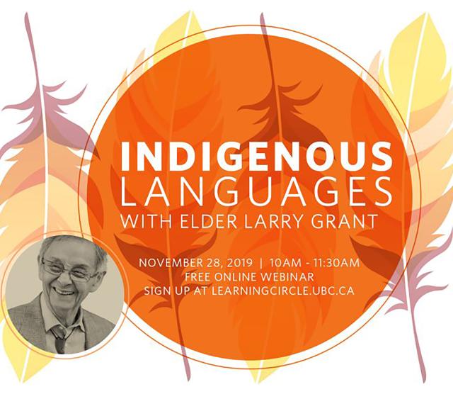 A picture of the poster for the event, with a black and white photo of Elder  Larry Grant smiling. The poster features multicoloured feathers, and an orange circle.