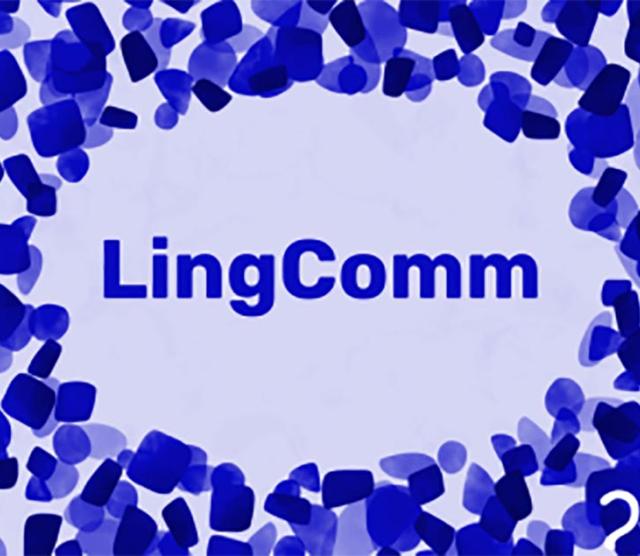 An image of the LingComm poster, featuring blue splotches around the word LingComm on a lavender background