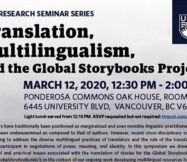 A section of the poster for Translation, Multilingualism, and the Global Storybooks project, with the event description in blue text