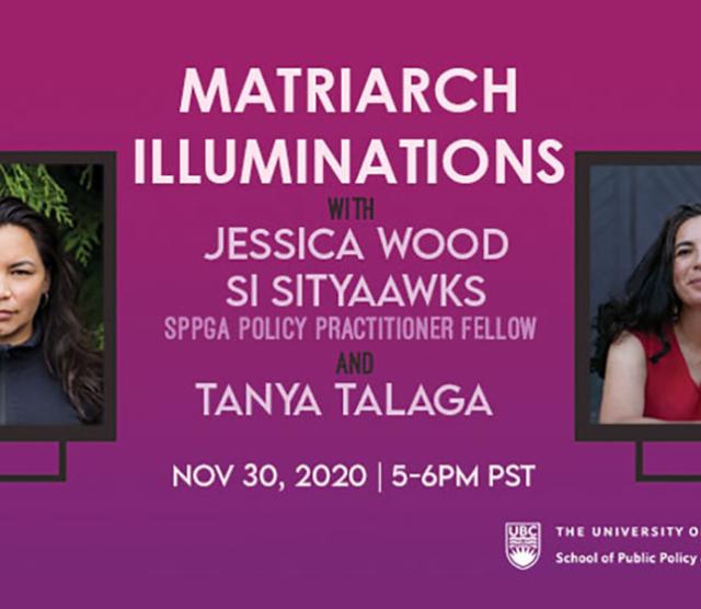 Headshots of the presenter, Tanya Talaga, and host, Jessica Wood, known as Si Sityaawk, on a pink and purple background