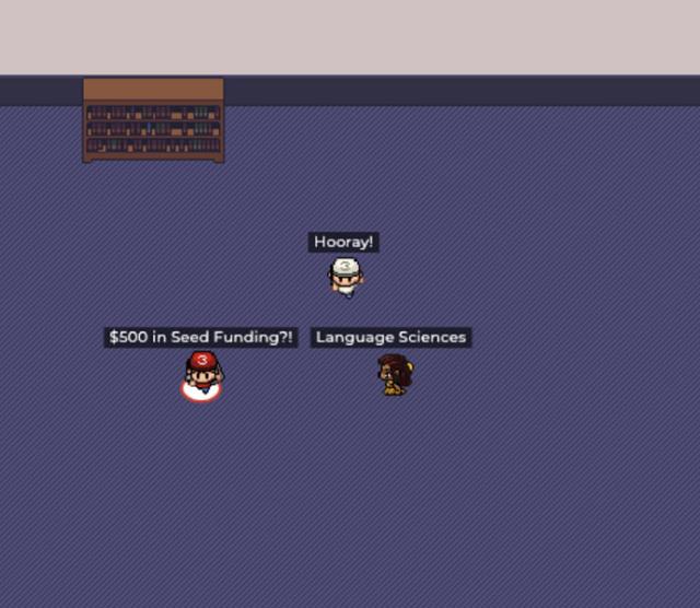 A screenshot of the gather.town room the event will be held in, with purple carpet, a bookcase, and three pixel characters