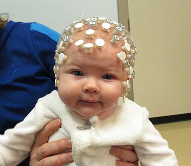 A picture of a baby study participant wearing an EEG cap in Dr. Janet Werker’s Infant Studies Centre.