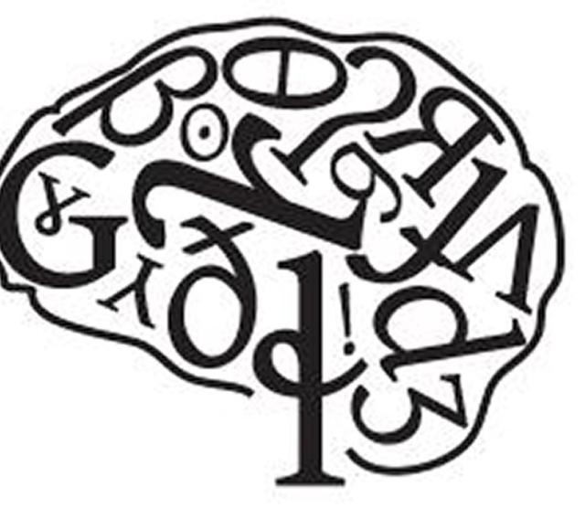 A silhouette of a human brain filled with letters and characters in black and white