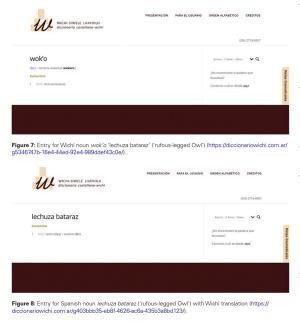 An entry of the online dictionary [Diwica] Wichi-Siwele Lhayhilh/ Diccionario Castellano-Wichí: